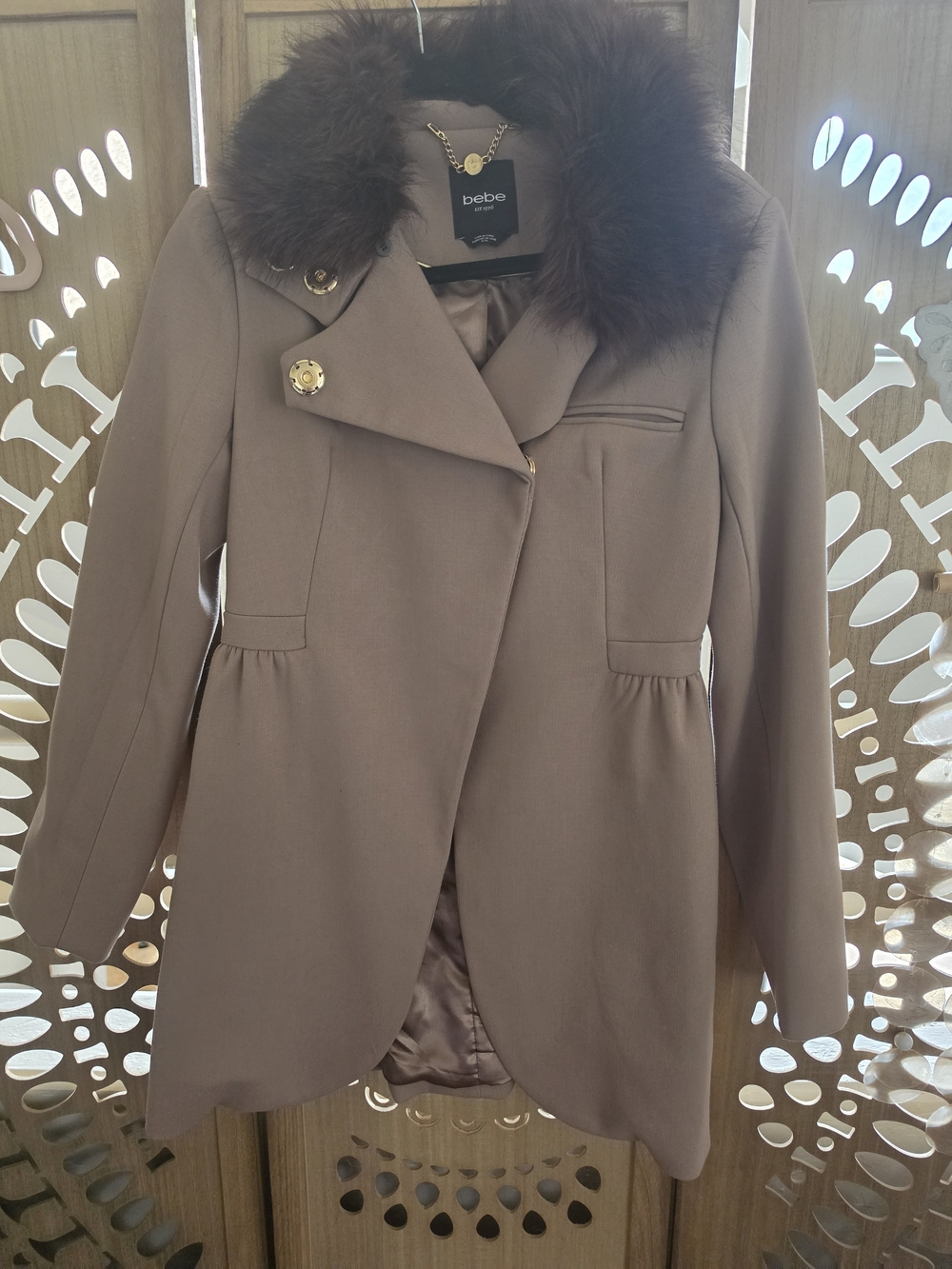 bebe Taupe Wool-Blend Coat with Removable Faux Fur Collar